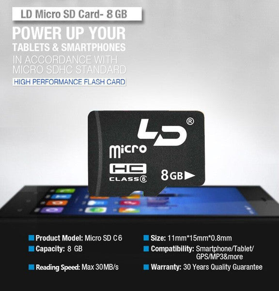 1pc free shipping LD Micro SD Card 8GB Class 6 Memory Card for Android Smartphone/Tablet/Camera