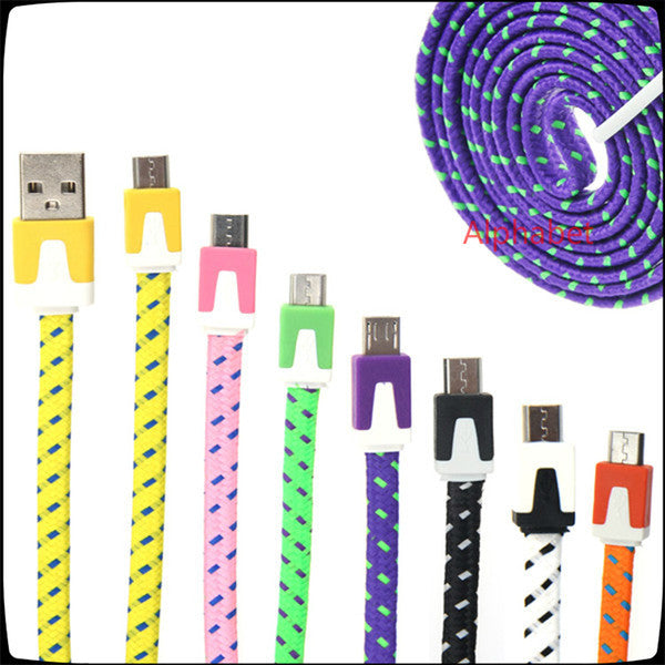 10ft 6ft 3FT Noodle Flat Braid Charging Cord Sync Fabric Micro Wire USB Data Line Woven Cable Charger Samsung Glaxy S5 6 plus edge Note 5 A7