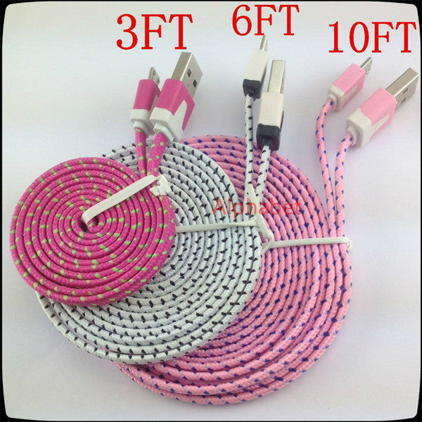 10ft 6ft 3FT Noodle Flat Braid Charging Cord Sync Fabric Micro Wire USB Data Line Woven Cable Charger Samsung Glaxy S5 6 plus edge Note 5 A7